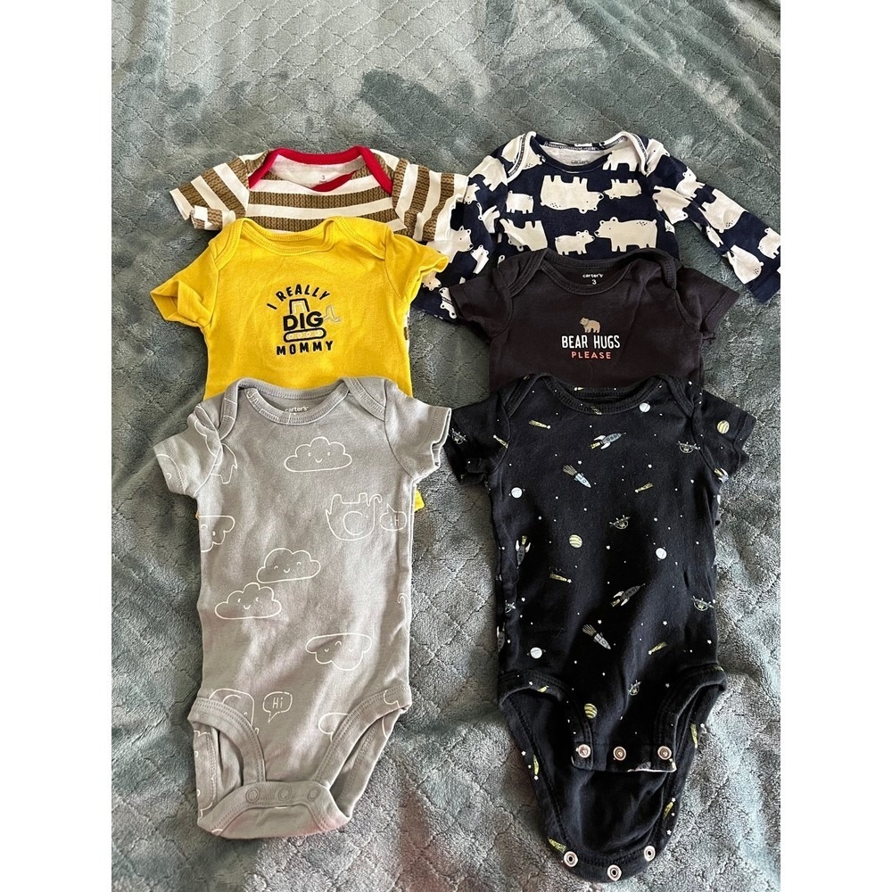 Carters Baby Boy Bodysuit Lot 6pc 3M Space Bear Dig Mommy Stripes Clouds Mixed
